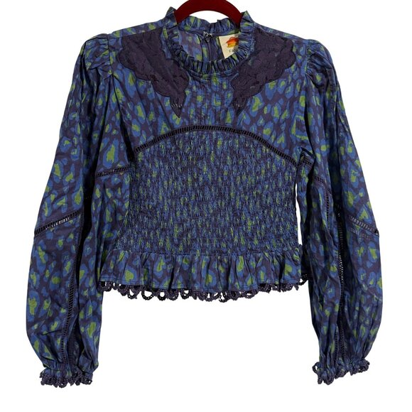 Farm Rio Leopard Pop Smocked Peplum Blouse Size XS‎ - Picture 1 of 11